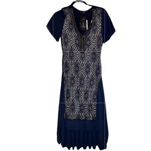 NWT Elegant Embellished Navy Blue Lace Overlay
Dress with Beaded Detail. Small
